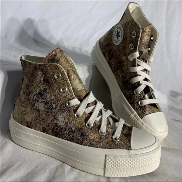 Converse CTAS High Top Lift Platform Shoes in Crushed Gold and White - Picture 3 of 6
